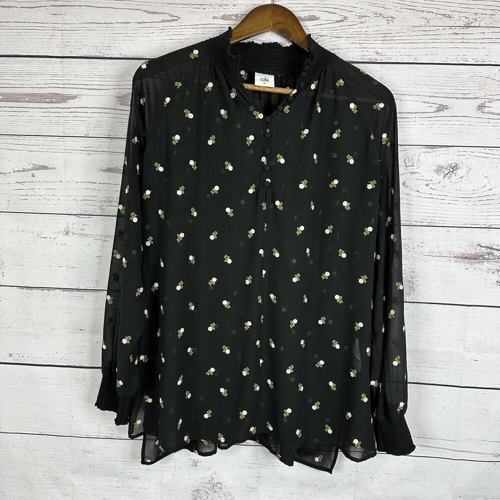 CAbi 5338 Blouse Womens Medium Black Embroidered Floral Smocked Career